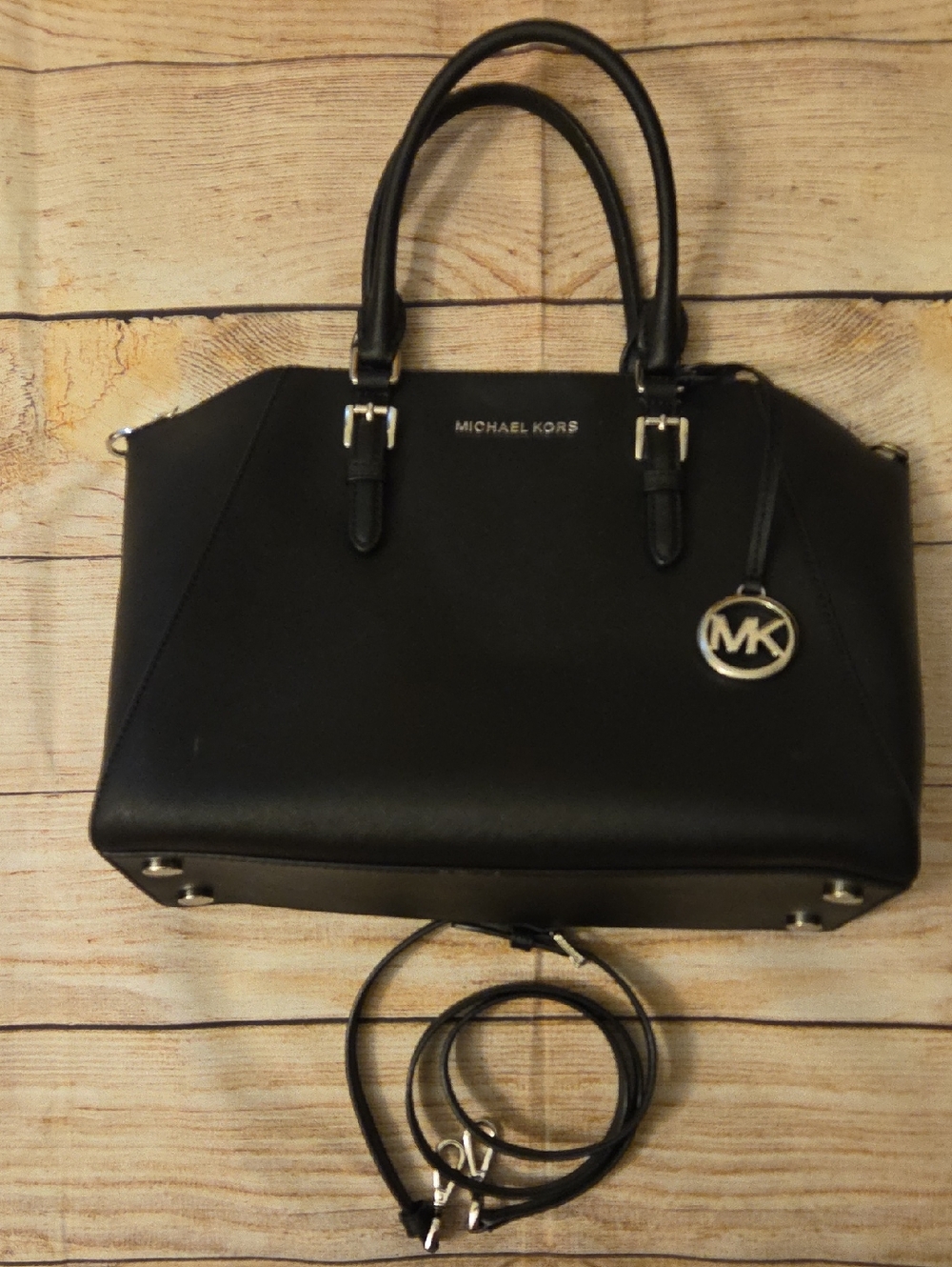 Michael Kors Black Leather Top-Handle Satchel with MK Charm